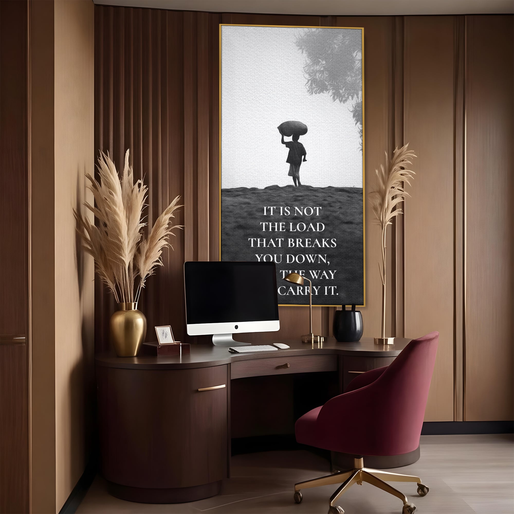 Tablou canvas cu tablou motivational cu silueta si text, in rama de aluminiu auriu, pe perete intr-un birou